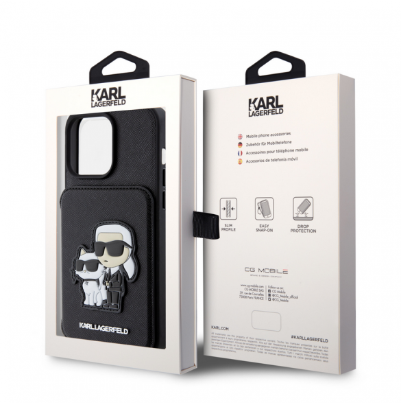 Karl Lagerfeld PU Saffiano Card Slot Stand Karl and Choupette Fodral till iPhone 15 Pro Max Svart