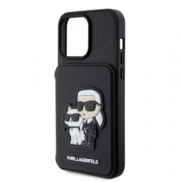 Karl Lagerfeld PU Saffiano Card Slot Stand Karl and Choupette Fodral till iPhone 15 Pro Max Svart