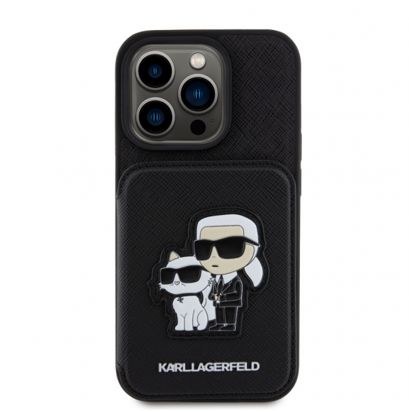 Karl Lagerfeld PU Saffiano Card Slot Stand Karl and Choupette Fodral till iPhone 15 Pro Svart