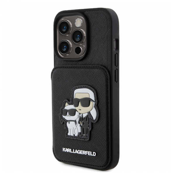 Karl Lagerfeld PU Saffiano Card Slot Stand Karl and Choupette Fodral till iPhone 15 Pro Svart