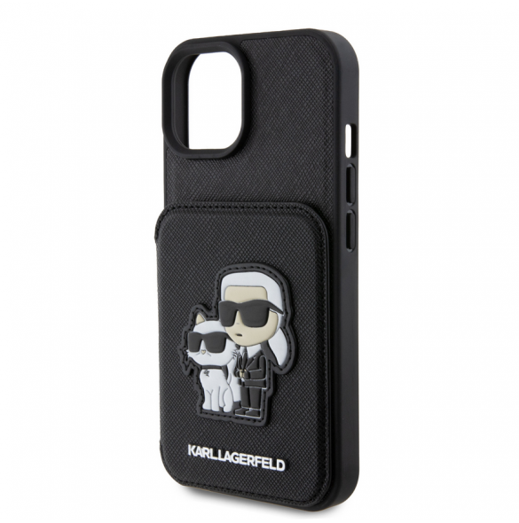 Karl Lagerfeld PU Saffiano Card Slot Stand Karl and Choupette Fodral till iPhone 15 Svart