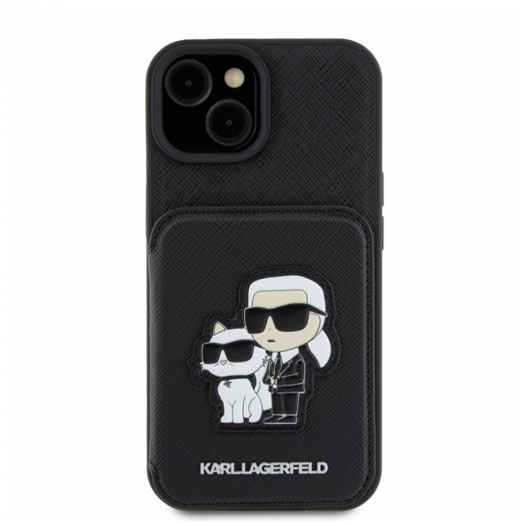 Karl Lagerfeld PU Saffiano Card Slot Stand Karl and Choupette Fodral till iPhone 15 Svart