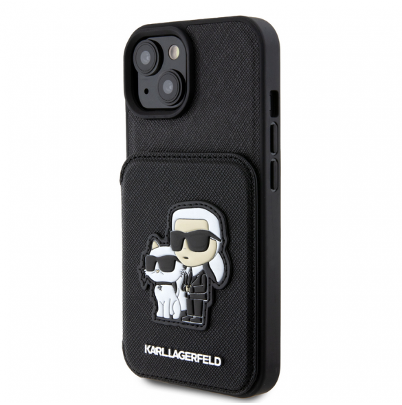 Karl Lagerfeld PU Saffiano Card Slot Stand Karl and Choupette Fodral till iPhone 15 Svart