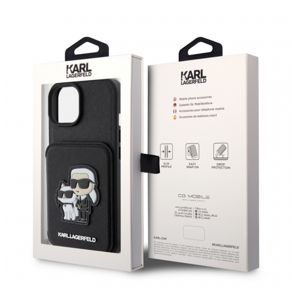 Karl Lagerfeld PU Saffiano Card Slot Stand Karl and Choupette Fodral till iPhone 15 Svart