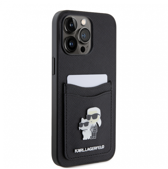 Karl Lagerfeld PU Saffiano Card Slot Metal Karl and Choupette Fodral för iPhone 15 Pro Max Svart