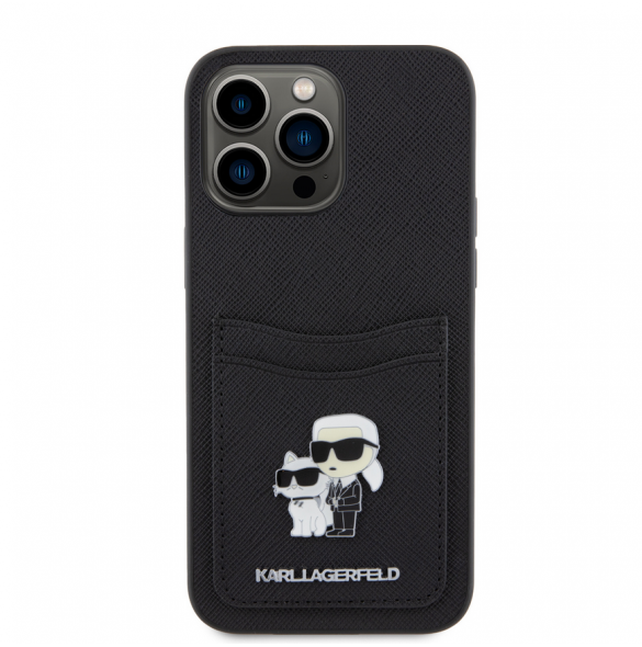 Karl Lagerfeld PU Saffiano Card Slot Metal Karl and Choupette Fodral för iPhone 15 Pro Max Svart