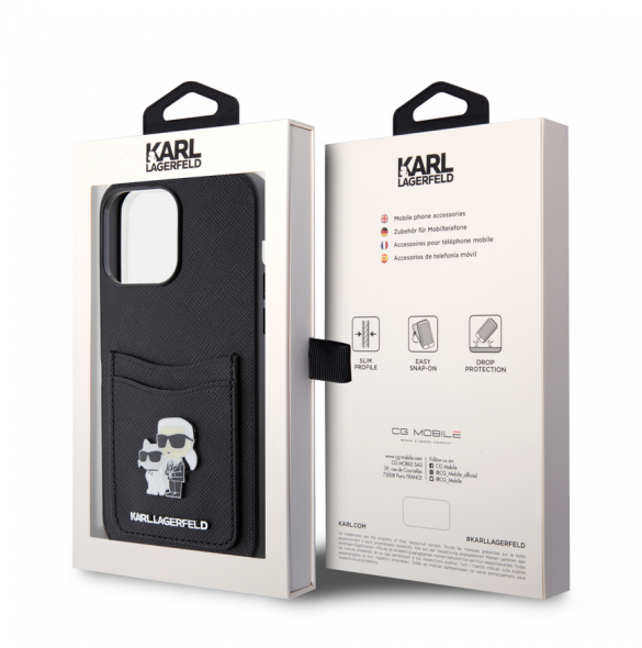 Karl Lagerfeld PU Saffiano Card Slot Metal Karl and Choupette Fodral för iPhone 15 Pro Max Svart