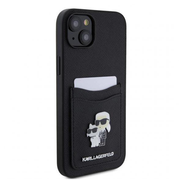 Karl Lagerfeld PU Saffiano Card Slot Metal Karl and Choupette Fodral till iPhone 15 Svart