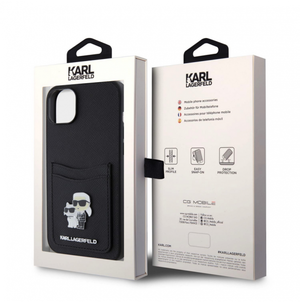 Karl Lagerfeld PU Saffiano Card Slot Metal Karl and Choupette Fodral till iPhone 15 Svart