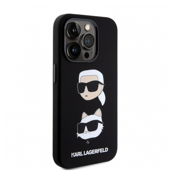 Karl Lagerfeld Flytande Silikon Karl och Choupette Heads Fodral till iPhone 15 Pro Svart
