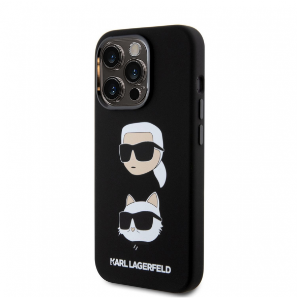 Karl Lagerfeld Flytande Silikon Karl och Choupette Heads Fodral till iPhone 15 Pro Svart