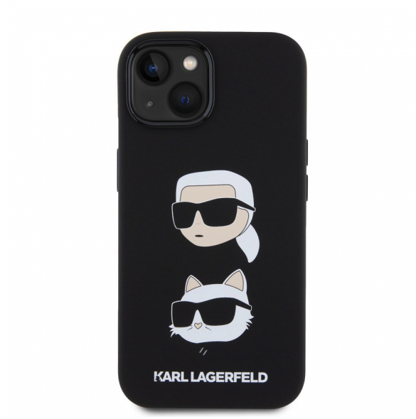 Karl Lagerfeld Flytande Silikon Karl och Choupette Heads Fodral till iPhone 15 Svart