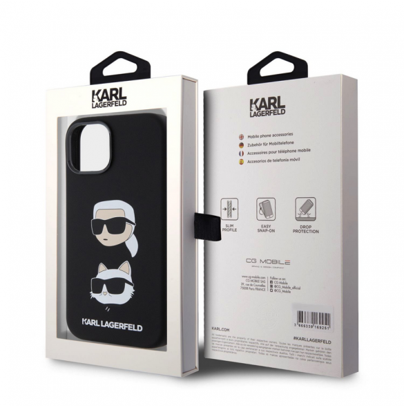 Karl Lagerfeld Flytande Silikon Karl och Choupette Heads Fodral till iPhone 15 Svart