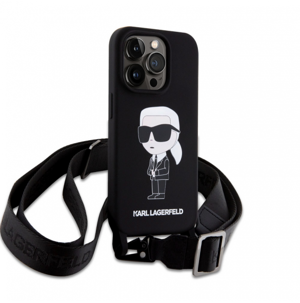 Karl Lagerfeld Flytande Silikon Crossbody Ikonik-fodral till iPhone 15 Pro Max Svart (skadat paket)