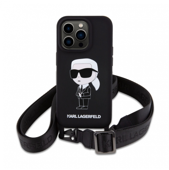 Karl Lagerfeld Flytande Silikon Crossbody Ikonik-fodral för iPhone 15 Pro Svart (skadat paket)
