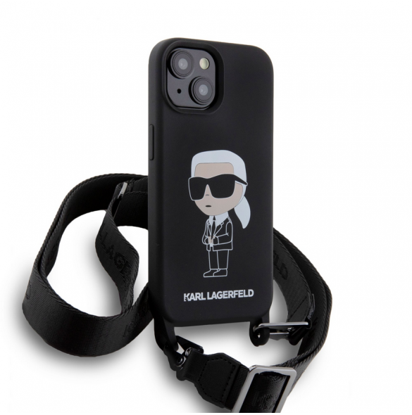 Karl Lagerfeld Flytande Silikon Crossbody Ikonik Fodral för iPhone 15 Svart (skadat paket)