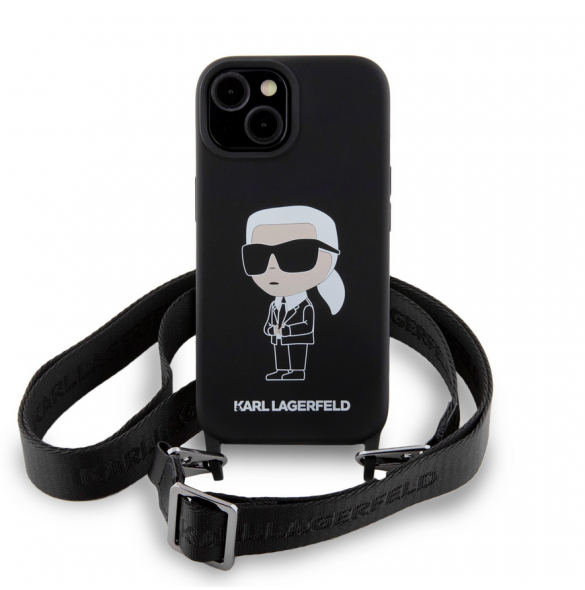 Karl Lagerfeld Flytande Silikon Crossbody Ikonik Fodral för iPhone 15 Svart (skadat paket)