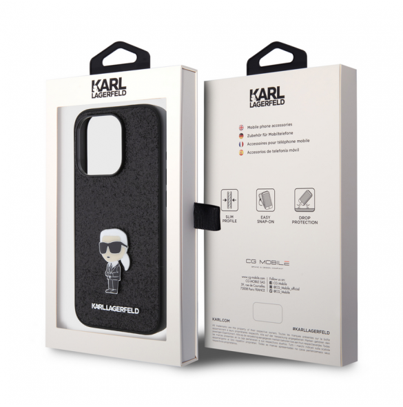 Karl Lagerfeld Fixed Glitter Metal Ikonik Fodral för iPhone 15 Pro Svart