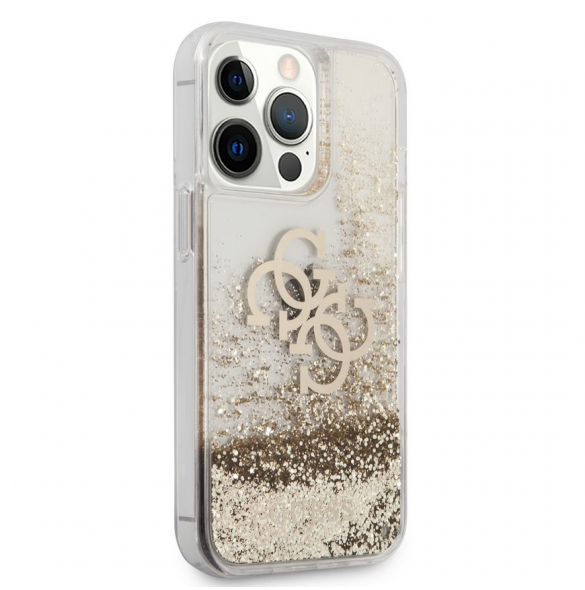 Guess TPU Big 4G Liquid Glitter Gold-fodral till iPhone 13 Pro Transparent
