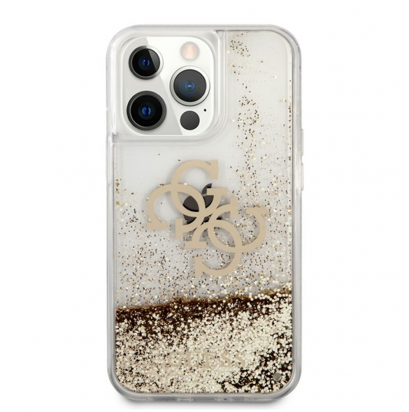Guess TPU Big 4G Liquid Glitter Gold-fodral till iPhone 13 Pro Transparent