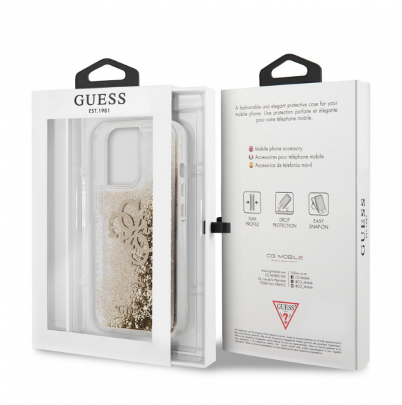 Guess TPU Big 4G Liquid Glitter Gold-fodral till iPhone 13 Pro Transparent