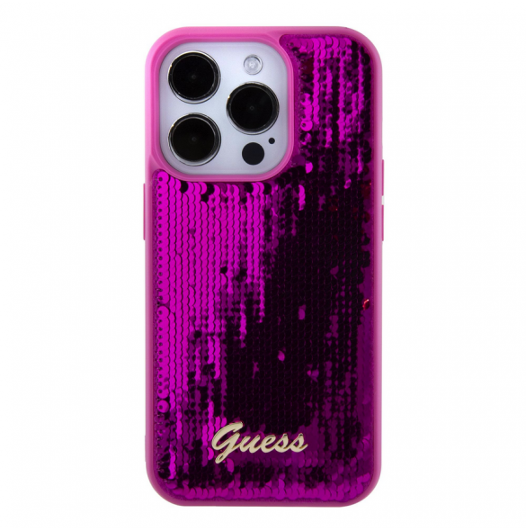 Guess Sequin Script Logofodral för iPhone 15 Pro Max Magenta