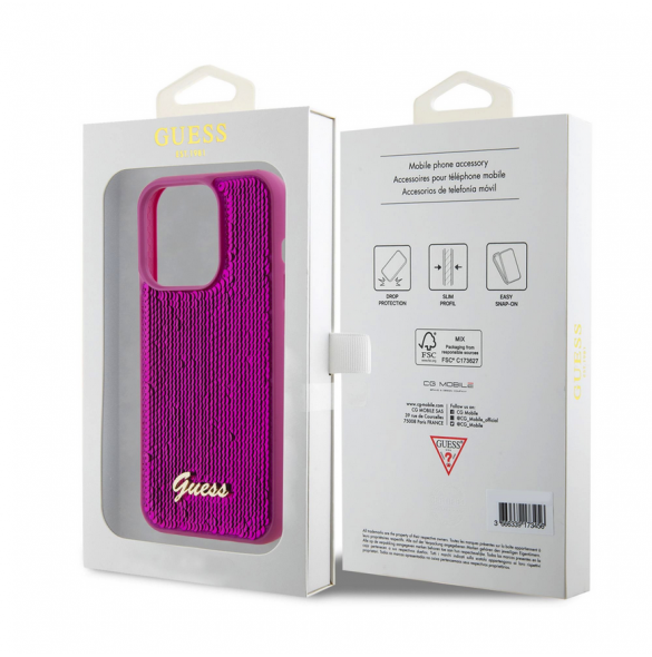 Guess Sequin Script Logofodral för iPhone 15 Pro Max Magenta