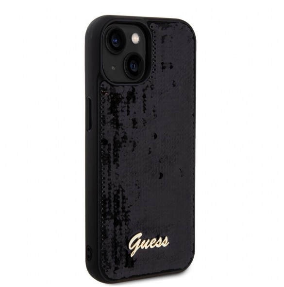 Guess Sequin Script Logofodral för iPhone 15 Plus Svart