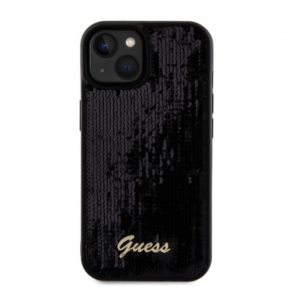 Guess Sequin Script Logofodral för iPhone 15 Plus Svart