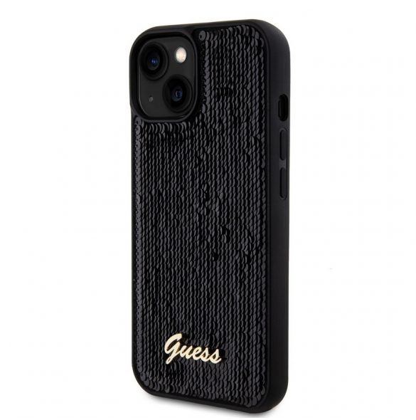 Guess Sequin Script Logofodral för iPhone 15 Plus Svart