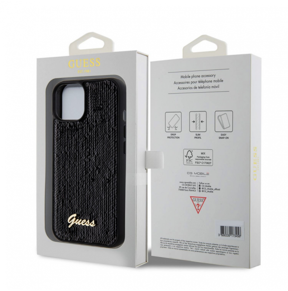 Guess Sequin Script Logofodral för iPhone 15 Plus Svart
