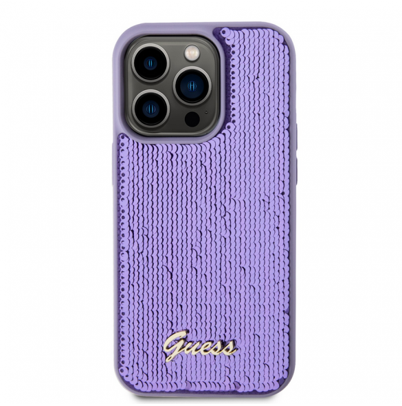 Guess Sequin Script Logofodral för iPhone 14 Pro Lila