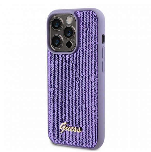 Guess Sequin Script Logofodral för iPhone 14 Pro Lila