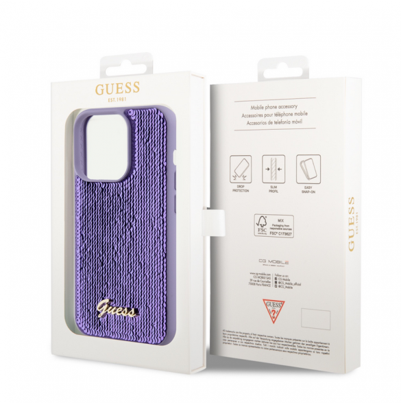 Guess Sequin Script Logofodral för iPhone 14 Pro Lila