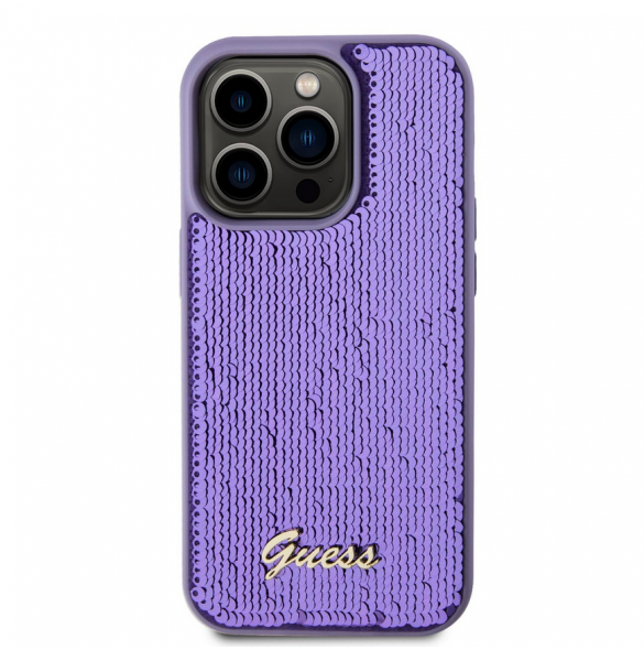 Guess Sequin Script Logofodral för iPhone 14 Pro Max Lila