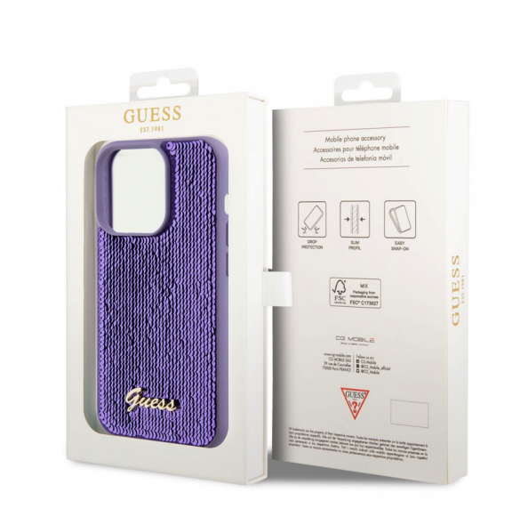 Guess Sequin Script Logofodral för iPhone 14 Pro Max Lila