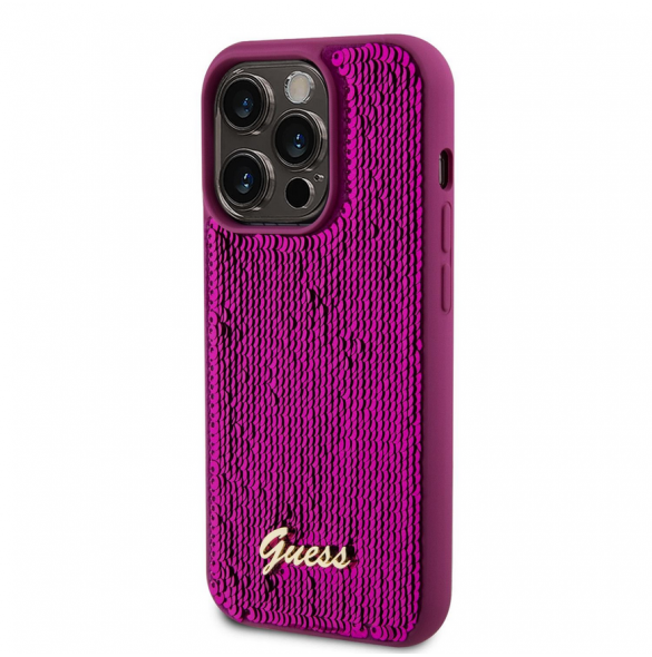 Guess Sequin Script Logofodral för iPhone 14 Pro Max Magenta