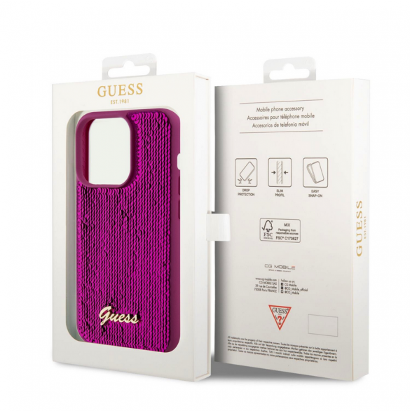 Guess Sequin Script Logofodral för iPhone 14 Pro Max Magenta