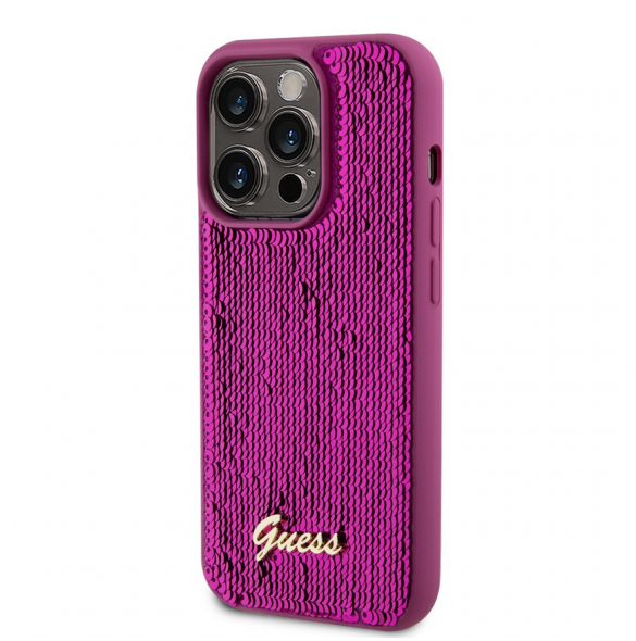 Guess Sequin Script Logofodral för iPhone 14 Pro Magenta