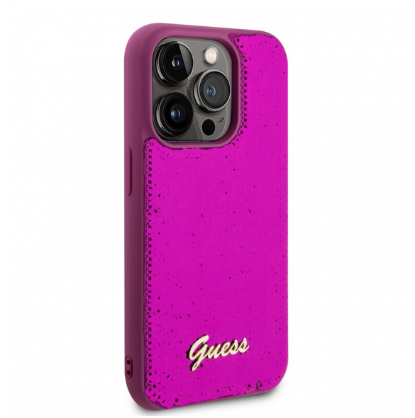 Guess Sequin Script Logofodral för iPhone 14 Pro Magenta