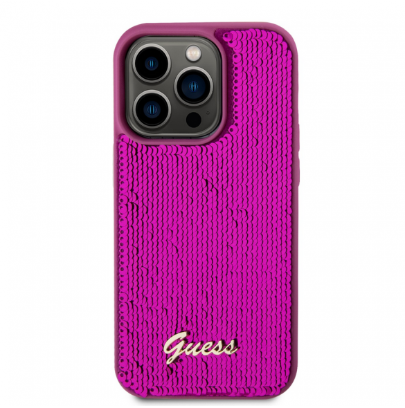 Guess Sequin Script Logofodral för iPhone 14 Pro Magenta