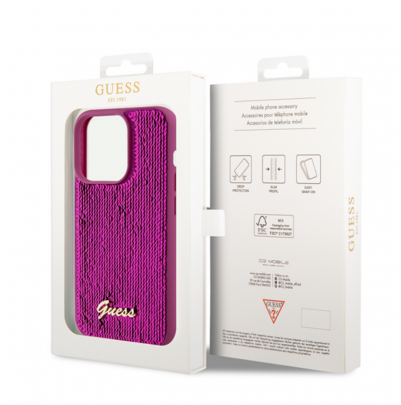 Guess Sequin Script Logofodral för iPhone 14 Pro Magenta