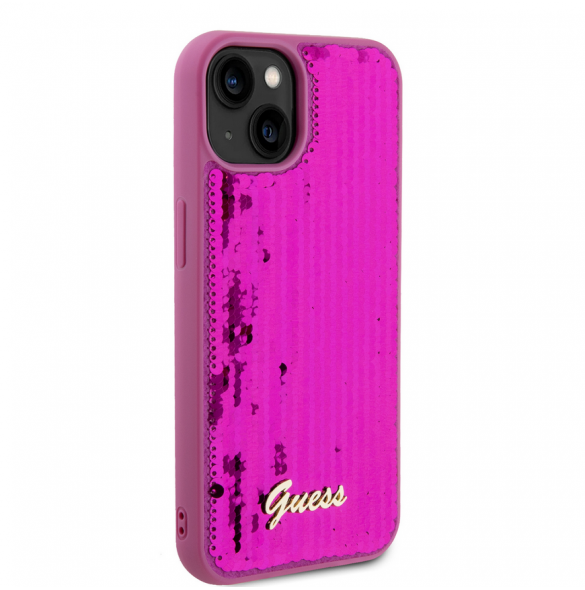 Guess Sequin Script Logofodral för iPhone 13 Magenta