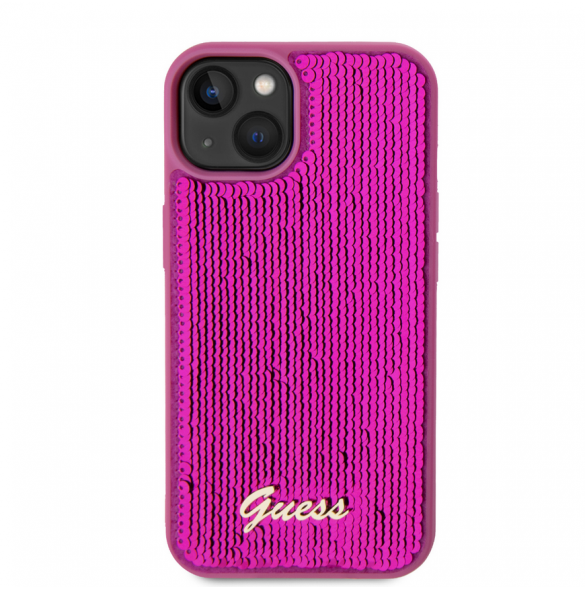 Guess Sequin Script Logofodral för iPhone 13 Magenta