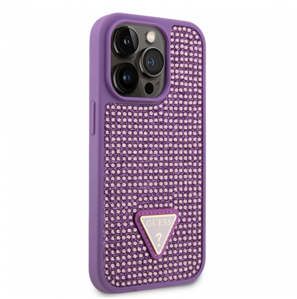 Guess Rhinestones Triangle metalllogofodral för iPhone 15 Pro Lila