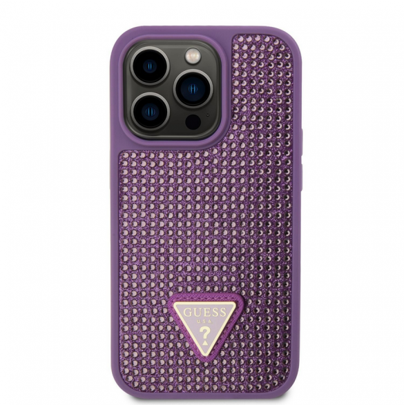 Guess Rhinestones Triangle metalllogofodral för iPhone 15 Pro Lila