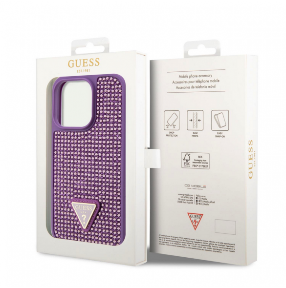 Guess Rhinestones Triangle metalllogofodral för iPhone 15 Pro Lila