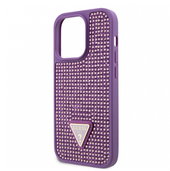 Guess Rhinestones Triangle metalllogofodral för iPhone 15 Pro Lila