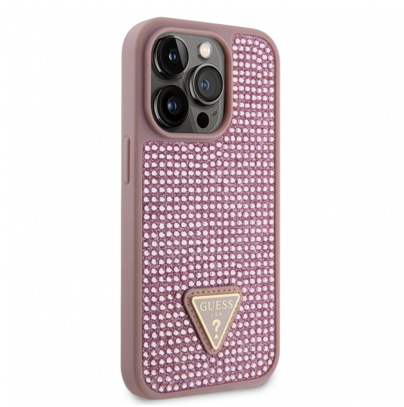 Guess Rhinestones Triangle metalllogofodral för iPhone 15 Pro Pink