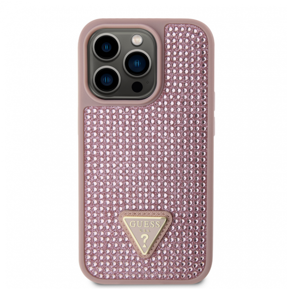 Guess Rhinestones Triangle metalllogofodral för iPhone 15 Pro Pink